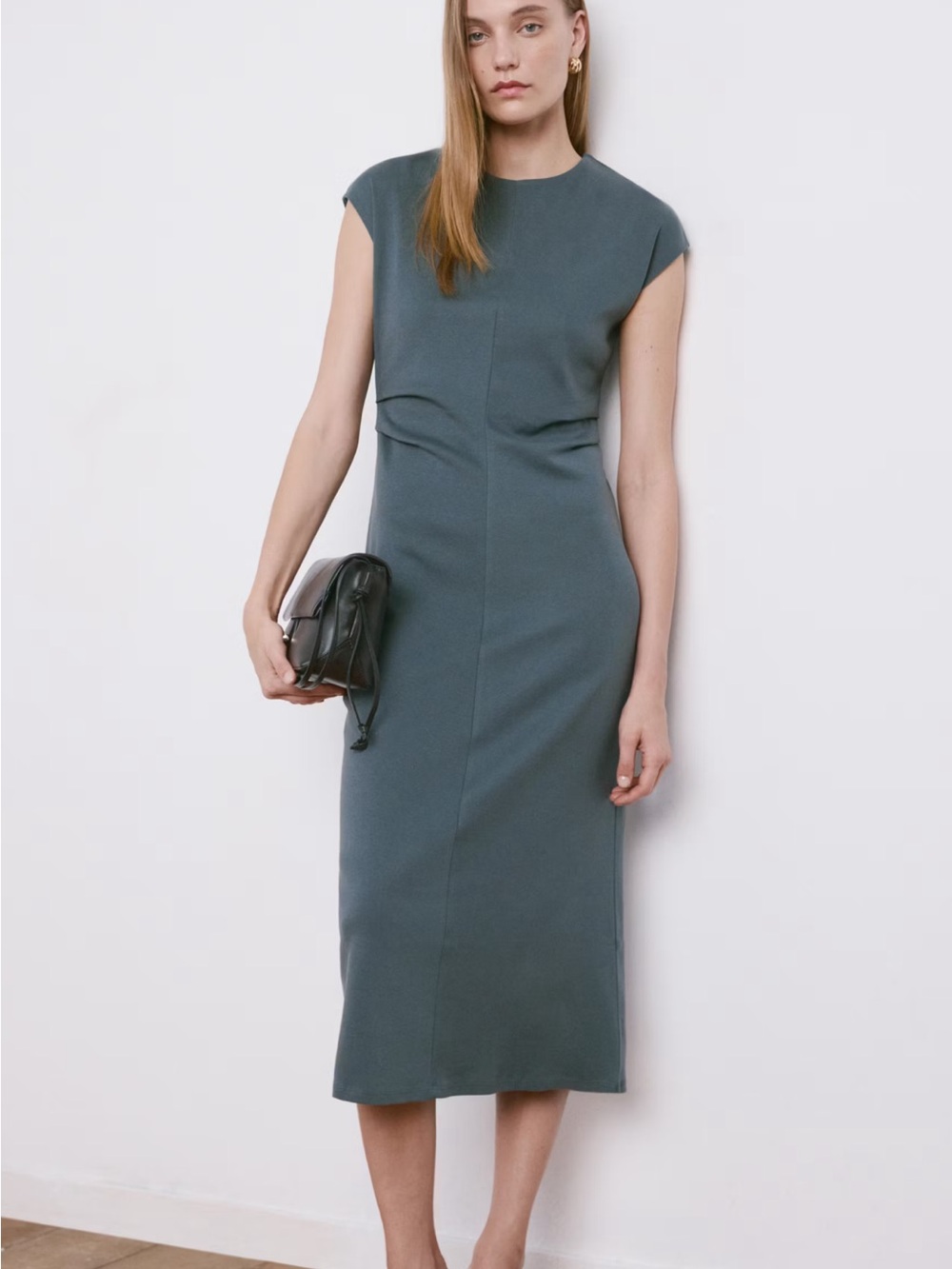 Mango Draped Cotton Crew Neck Midi Dress
